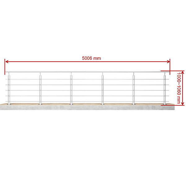 AICA SANITAIRE - Garde-corps Aluminium argenté mat - 500cm x H.100cm - Rampe escalier avec 5 traverses - Intérieur et extérieur - Fixation à plat - large