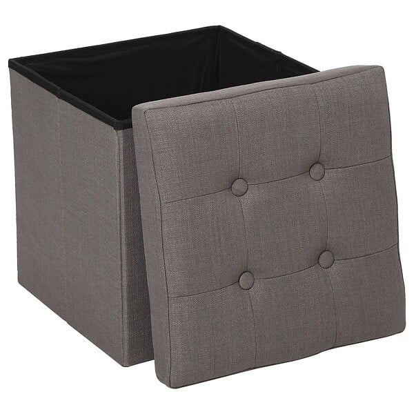 ATMOSPHERA - 2 en 1 Pouf pliant et coffre de rangement Gris Taupe aspect Lin 38 x 38 cm - large