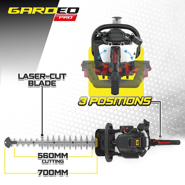 GARDEO PRO - Taille haies thermique 22.5CC avec poignée arrière rotative - Lame 700mm - large