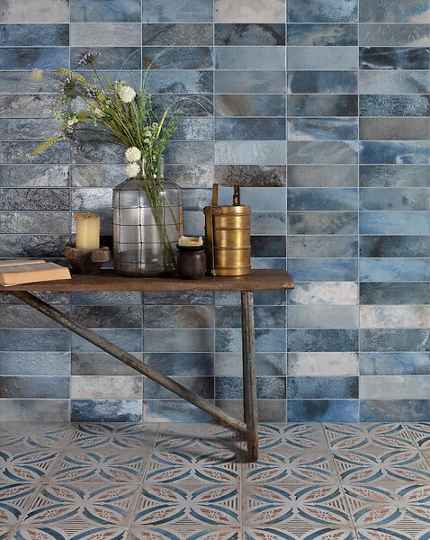 RO'MA NATURE - Carrelage Vintage effet Zellige Bleu 40x20x1,03 cm Patrina - Mur intérieur (vendu par carton de 0,96 m²) - large