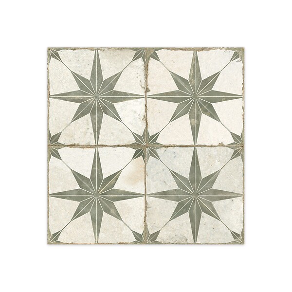 RO'MA NATURE - Carrelage Vintage effet Carreau ciment Etoile Verte et Fond Blanc 45x45x0,95 cm Sparta - Sol et mur intérieur (vendu par carton de 1 m²) - large