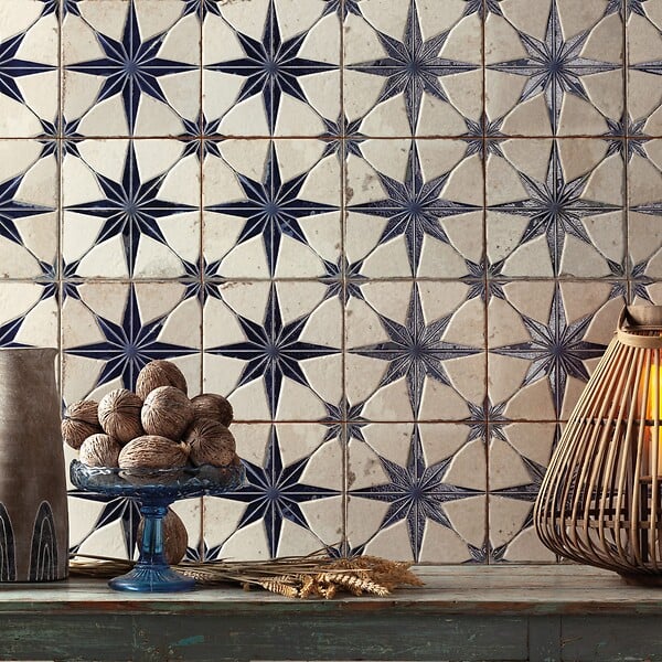 RO'MA NATURE - Carrelage Vintage effet Carreau ciment 3D Etoile Bleue et Fond Blanc 45x45x0,95 cm Sparta - Sol et mur intérieur (vendu par carton de 1 m²) - large