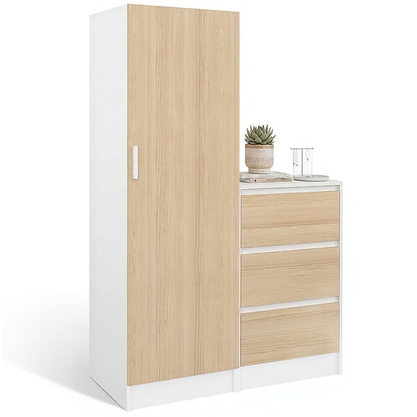ID MARKET - Armoire 1 porte AMBRE penderie avec commode 3 tiroirs 100 cm modulable façon hêtre et blanc - large