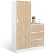ID MARKET - Armoire 1 porte AMBRE penderie avec commode 3 tiroirs 100 cm modulable façon hêtre et blanc - vignette