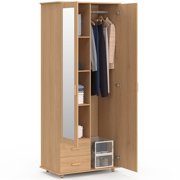 ID MARKET - Armoire 2 portes JULIETTE effet lattes tasseau bois penderie 80 cm avec 2 tiroirs, miroir et étagères - large