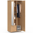 ID MARKET - Armoire 2 portes JULIETTE effet lattes tasseau bois penderie 80 cm avec 2 tiroirs, miroir et étagères - vignette