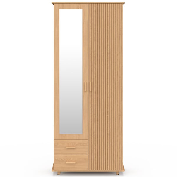 ID MARKET - Armoire 2 portes JULIETTE effet lattes tasseau bois penderie 80 cm avec 2 tiroirs, miroir et étagères - large