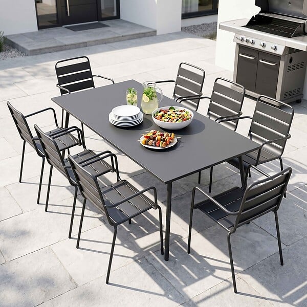 OVIALA - Ensemble table de Jardin et 8 fauteuils en métal gris - Palavas - large