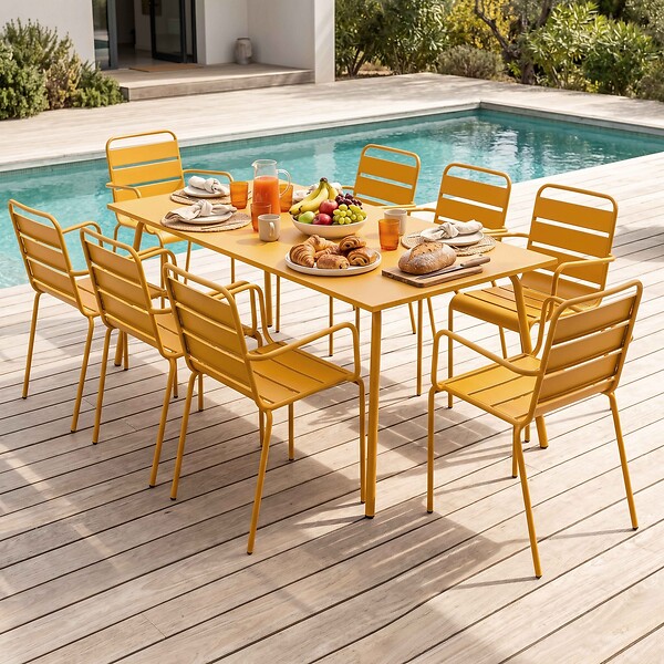 OVIALA - Ensemble table de jardin et 8 fauteuils en métal jaune - Palavas - large