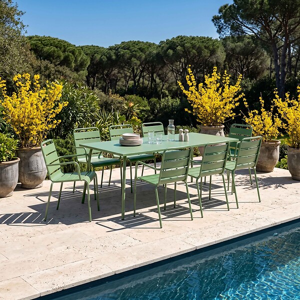 OVIALA - Ensemble table de jardin et 8 fauteuils en métal vert cactus - Palavas - large