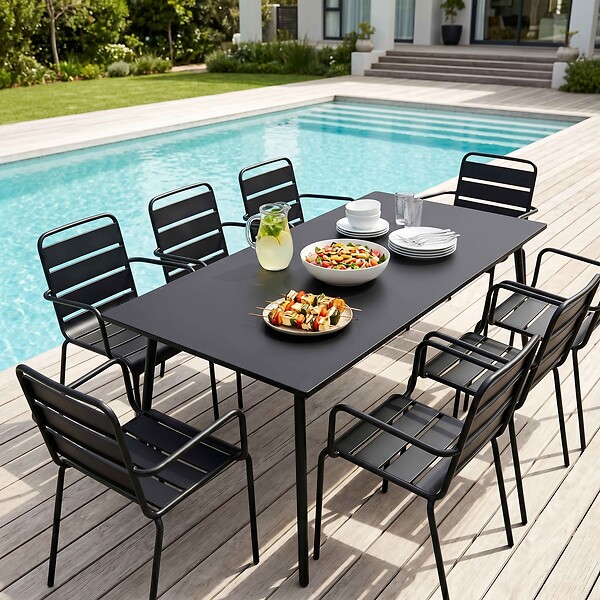 OVIALA - Ensemble table de Jardin et 8 fauteuils en métal noir - Palavas - large