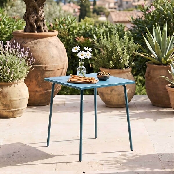 OVIALA - Table de jardin carrée en métal 4 places 70 cm bleu pacific - Palavas - large