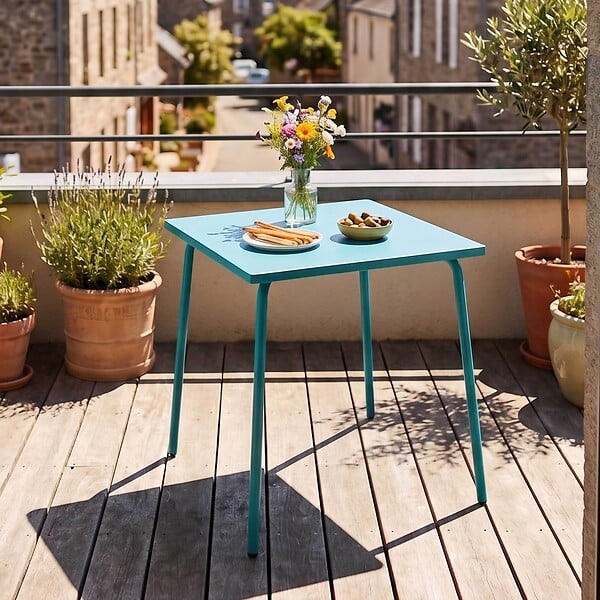 OVIALA - Table de jardin carrée en métal 4 places 70 cm bleu - Palavas - large