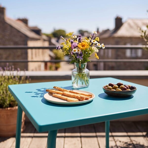 OVIALA - Table de jardin carrée en métal 4 places 70 cm bleu - Palavas - large