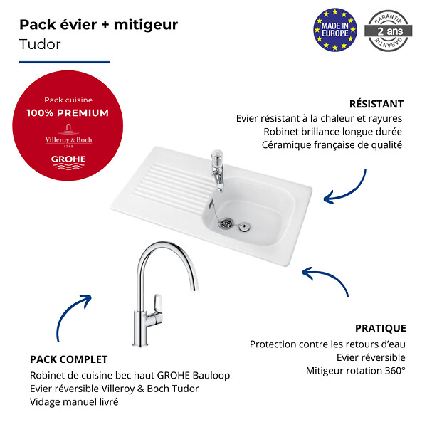 VILLEROY ET BOCH - Evier   Tudor + mitigeur cuisine Bauloop bec haut - large