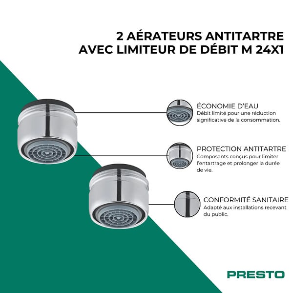 PRESTO - Lot de 2 aérateurs antitartre avec limiteur de débit 1,9 l/min M 24x1 chromé - large