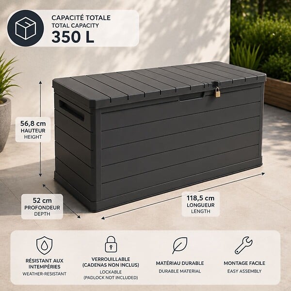 ARTPLAST - Coffre de rangement extérieur 350L - Coffre de Jardin Gris 118.5x52x57cm - Poignées de transport - Résistant à l'eau ArtPlast - large