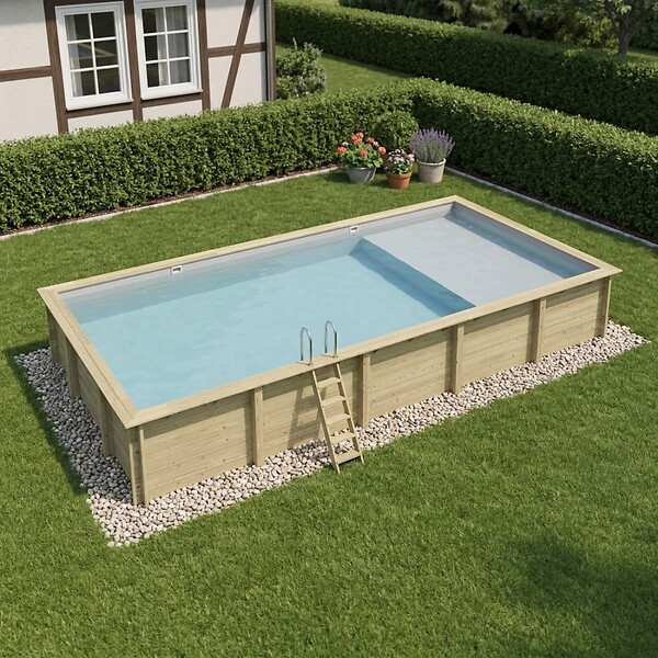 ALTANKA - Piscine hors sol en bois AQUA 10.2 x 5.2 - H.1.45 m avec plage, gris clair, fixations à sceller - BAS7310OSPI2+PLA310 - large