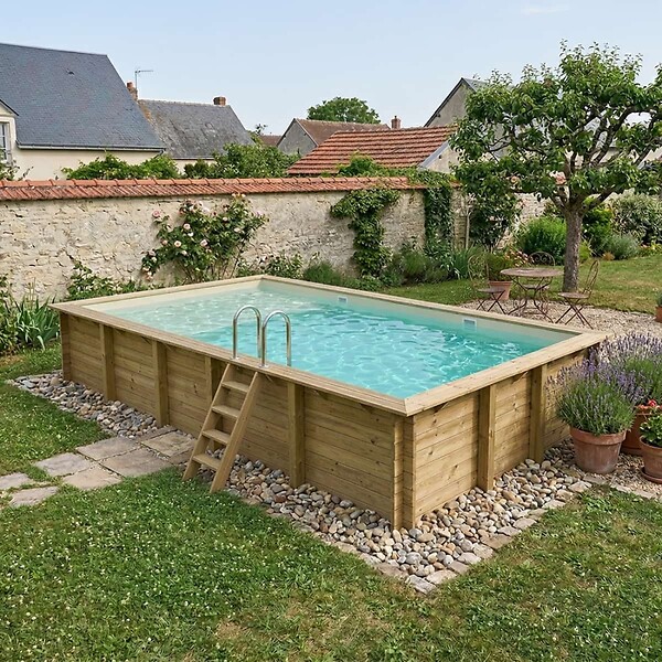 ALTANKA - Piscine hors sol en bois AQUA 10.2 x 5.2 - H.1.45 m avec plage, sable, fixations à sceller - BAS7310OSPI3+PLA310 - large