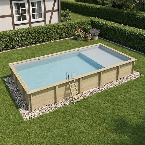 ALTANKA - Piscine hors sol en bois AQUA 10.2 x 5.2 - H.1.45 m avec plage, gris clair, fixations à visser - BAS7310OSPL2+PLA310 - large