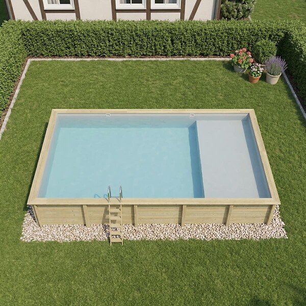 ALTANKA - Piscine hors sol en bois AQUA 10.2 x 5.2 - H.1.45 m avec plage, gris clair, fixations à visser - BAS7310OSPL2+PLA310 - large