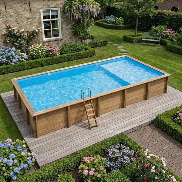 ALTANKA - Piscine hors sol en bois AQUA 10.2 x 5.2 - H.1.45 m avec plage, bleu pâle, fixations à sceller - BAS7310OSPI+PLA310 - large