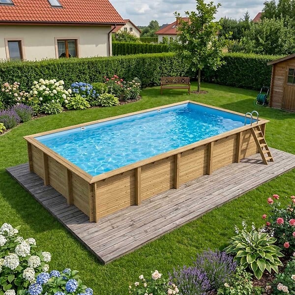 ALTANKA - Piscine hors sol en bois AQUA 10.2 x 5.2 - H.1.45 m, bleu pâle, cadre en métal - sans dalle - BAS7310OSPU - large