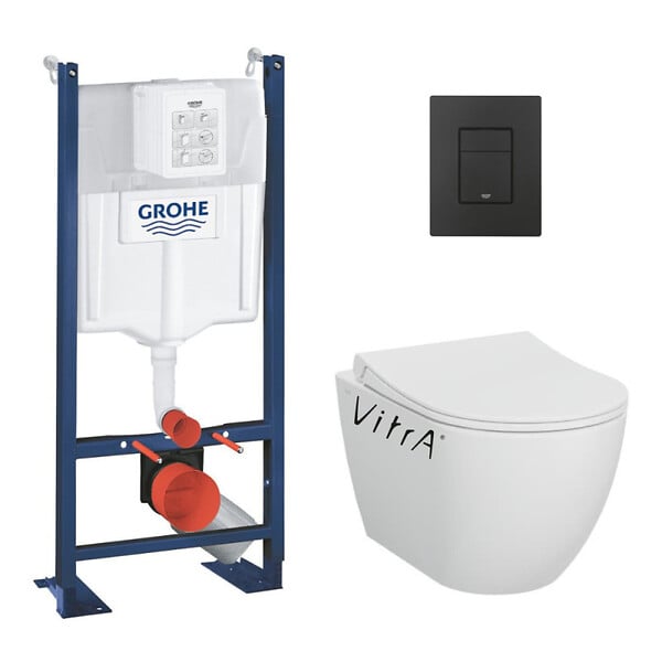 GROHE - Rapid SL Pack WC bâti-support + WC sans bride Vitra S60 + Abattant SoftClose + Plaque noir mat (RapidSL-S60-KF0) - large