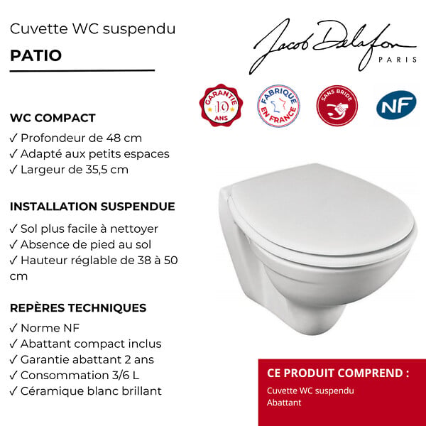 JACOB DELAFON - Cuvette WC suspendu compact PMR Patio avec abattant - large