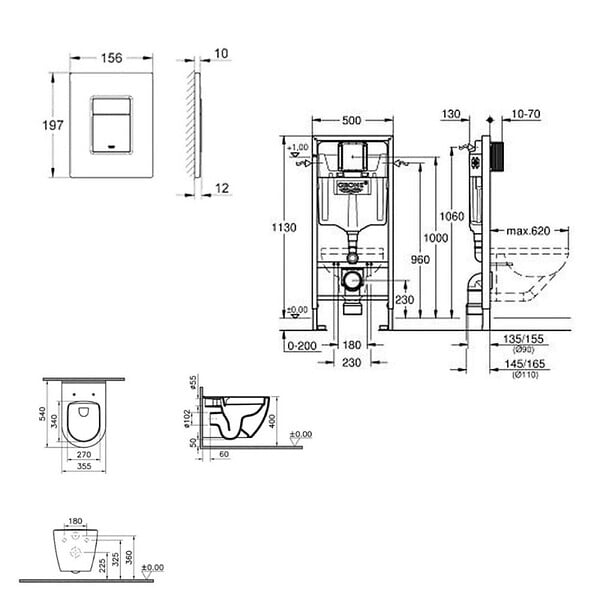 GROHE - Pack WC Bâti-support Rapid SL + WC sans bride Vitra S60 + Abattant SoftClose + Plaque chrome (RapidSL-S60-1) - large