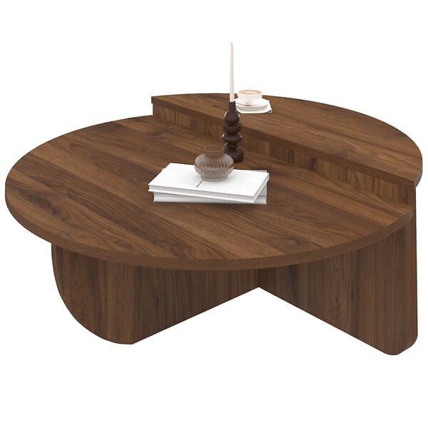 ID MARKET - Lot de 2 tables basses rondes GUILIA 90 cm asymétriques effet noyer - large