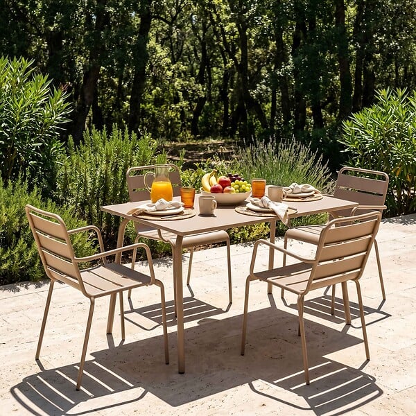 OVIALA - Ensemble table de jardin et 4 fauteuils en métal taupe - Palavas - large
