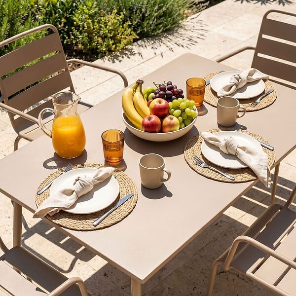 OVIALA - Ensemble table de jardin et 4 fauteuils en métal taupe - Palavas - large