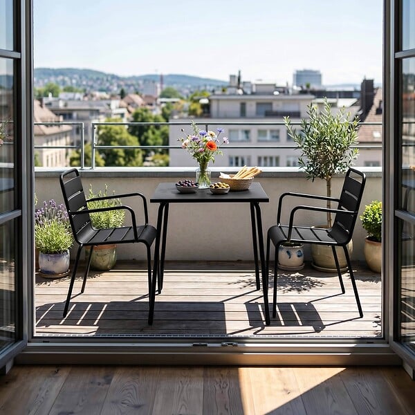 OVIALA - Ensemble table de jardin carrée et 2 fauteuils acier 70 cm noir - Palavas - large