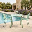 OVIALA - Ensemble table de jardin carrée et 2 fauteuils acier vert sauge - Palavas - vignette