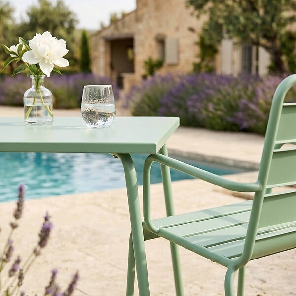 OVIALA - Ensemble table de jardin carrée et 2 fauteuils acier vert sauge - Palavas - large