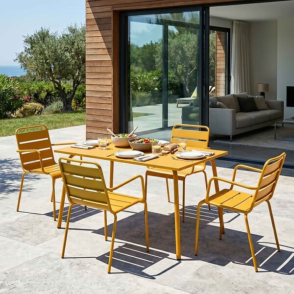 OVIALA - Ensemble table de jardin et 4 fauteuils en métal jaune - Palavas - large