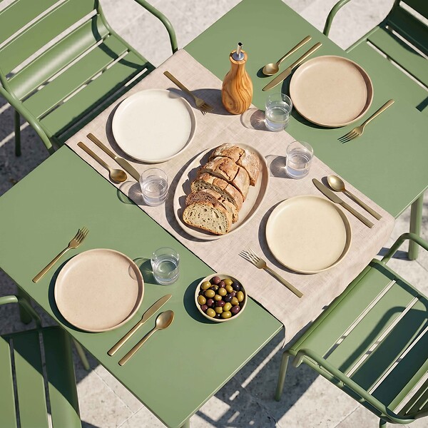 OVIALA - Ensemble table de jardin et 4 fauteuils en métal vert cactus - Palavas - large