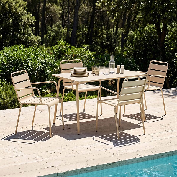 OVIALA - Ensemble table de jardin et 4 fauteuils en métal ivoire - Palavas - large