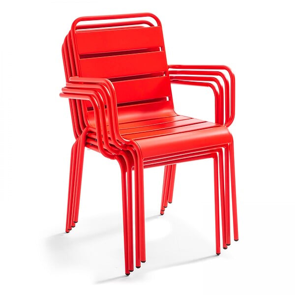 OVIALA - Ensemble table de jardin et 4 fauteuils en métal rouge - Palavas - large