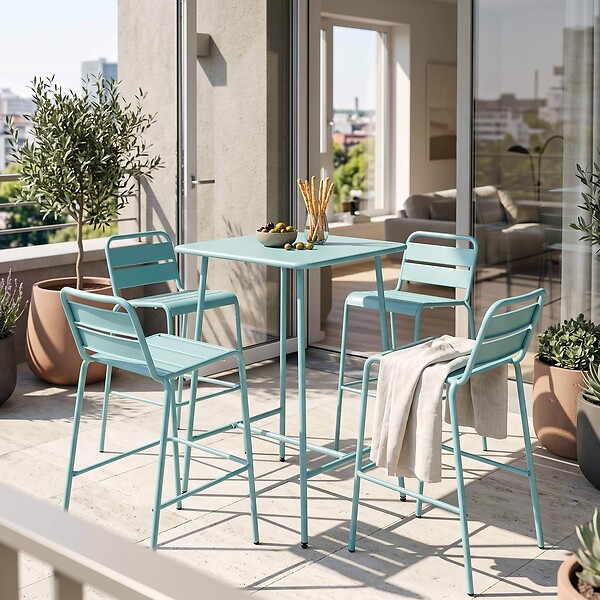 OVIALA - Ensemble table de bar et 4 chaises hautes en métal turquoise - Palavas - large