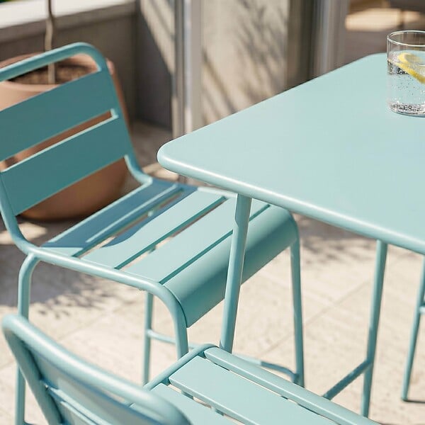 OVIALA - Ensemble table de bar et 4 chaises hautes en métal turquoise - Palavas - large