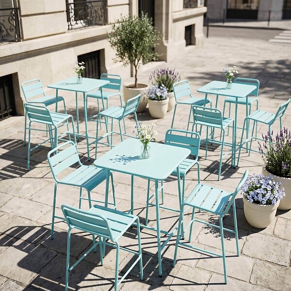 OVIALA - Ensemble table de bar et 4 chaises hautes en métal turquoise - Palavas - large