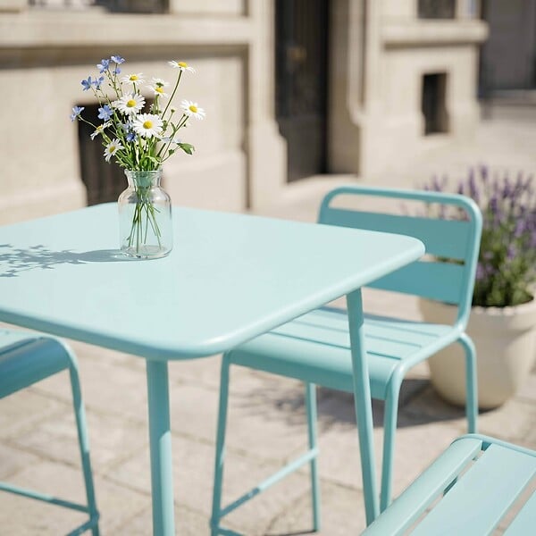 OVIALA - Ensemble table de bar et 4 chaises hautes en métal turquoise - Palavas - large