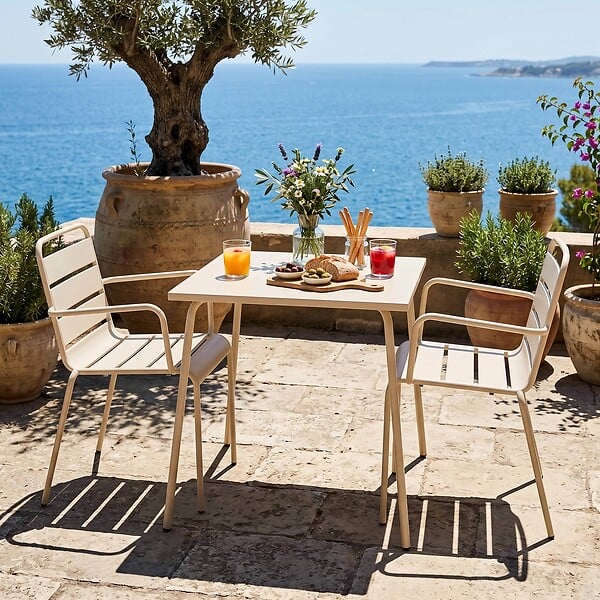 OVIALA - Ensemble table de jardin carrée et 2 fauteuils acier ivoire - Palavas - large