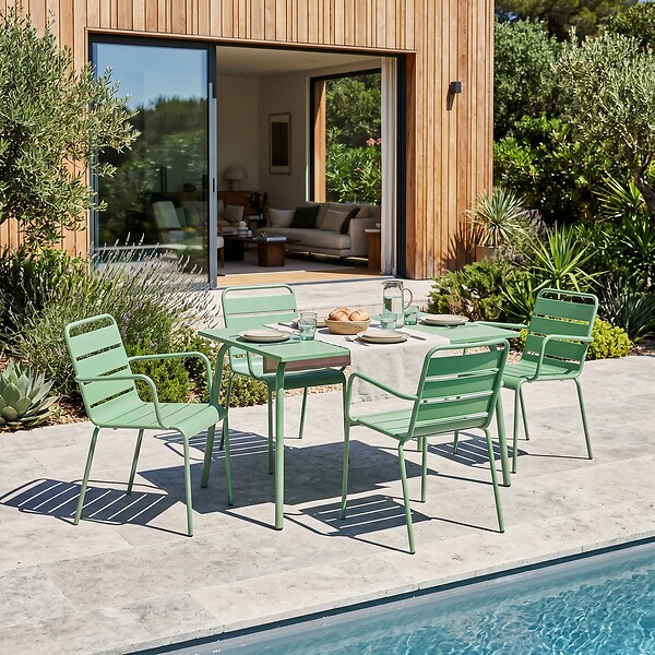 OVIALA - Ensemble table de jardin et 4 fauteuils en métal vert sauge - Palavas - large