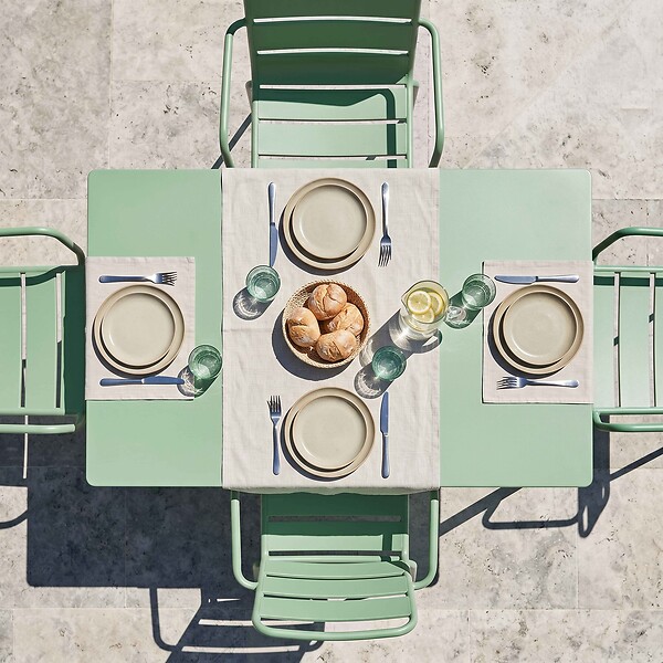 OVIALA - Ensemble table de jardin et 4 fauteuils en métal vert sauge - Palavas - large
