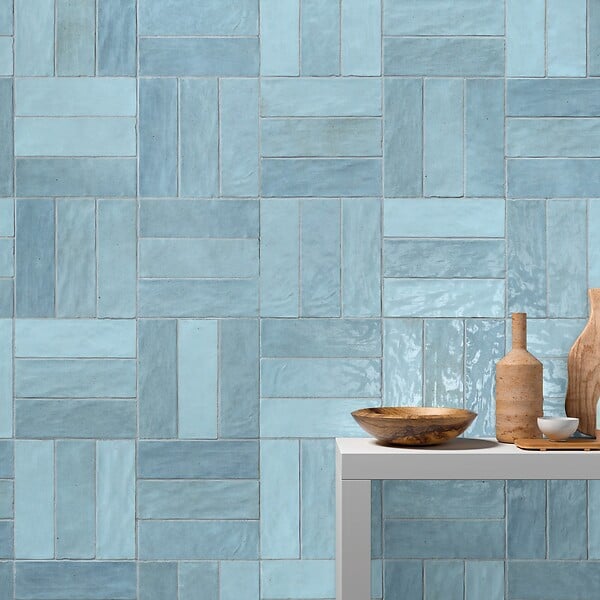 RO'MA NATURE - Carrelage effet Zellige Bleu Clair 20x6,5x0,85 cm Brillant Orisel - Mur intérieur (vendu par carton de 0,5 m²) - large