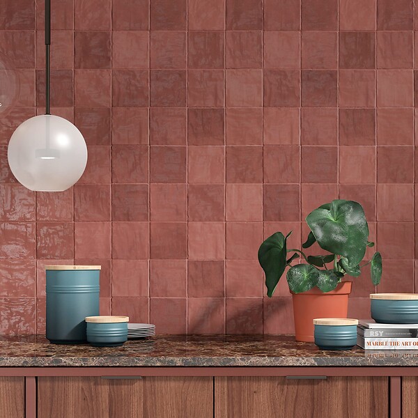 RO'MA NATURE - Carrelage effet Zellige Rouge 10x10x0,85 cm Brillant Orisel - Mur intérieur (vendu par carton de 0,6 m²) - large