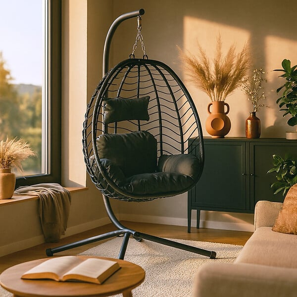 CONCEPT USINE - Fauteuil suspendu en résine effet rotin noir LIMA $ - large